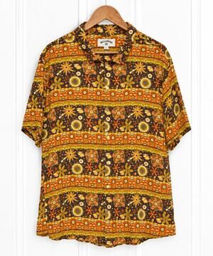 Earthbound Mens XXL Rayon Shirt Retro 70s Floral Boho Button Up Brown Orange